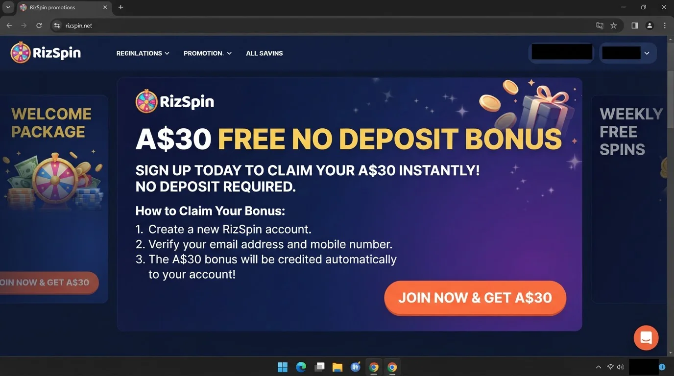 RizSpin promotions area showing the current bonus offer and its main terms