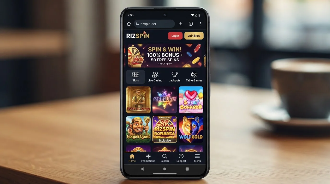 RizSpin casino lobby displayed on a smartphone screen