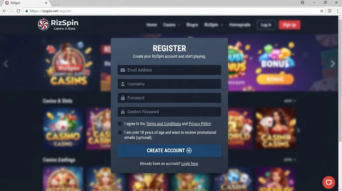 RizSpin account registration form displayed in a web browser