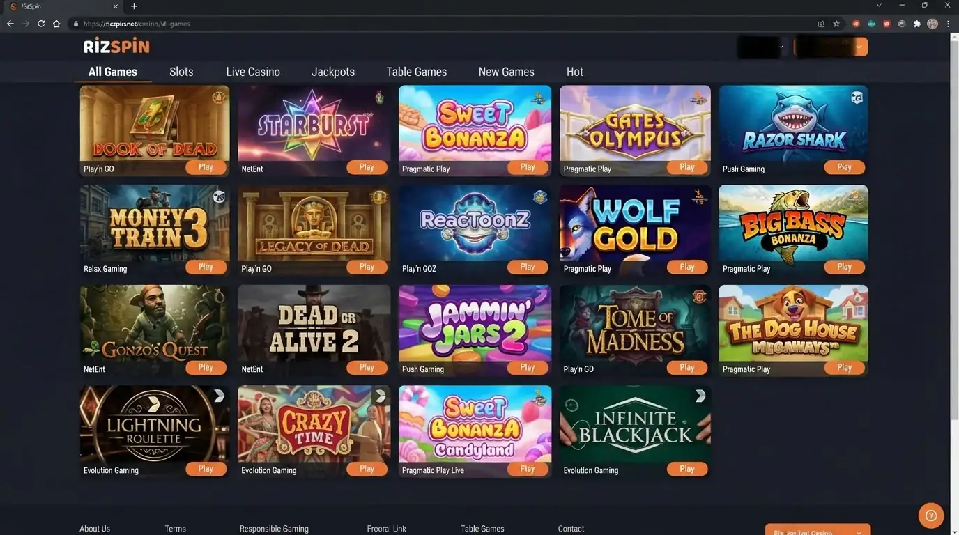 RizSpin game lobby with categories for slots, live games and other casino titles