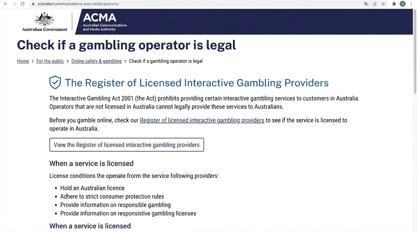 ACMA information page explaining how Australians can check whether an online gambling operator is licensed