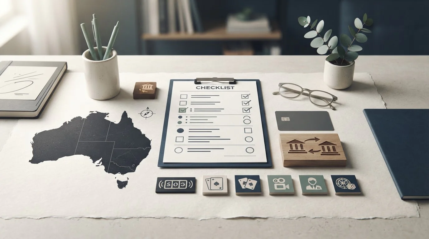 Editorial illustration of an Australian casino review checklist covering regulation, AUD payments, games and account checks