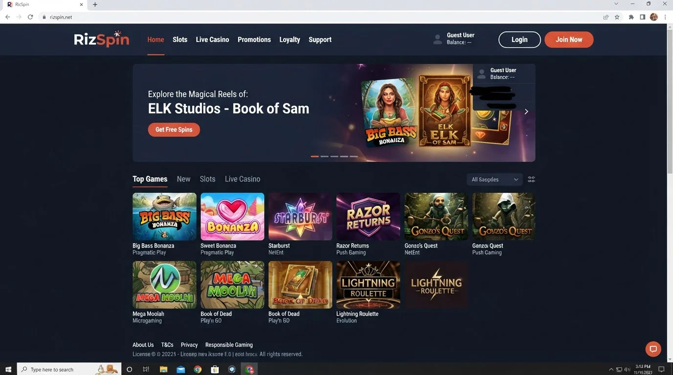 RizSpin casino lobby showing the current game selection and site interface